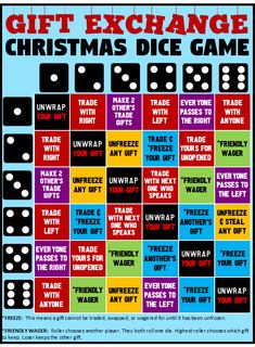 a christmas dice game poster with the words gift exchange and other items in red, yellow, blue, and green