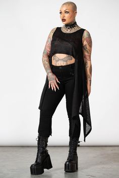 SHIRLEY.- Soft, slightly sheer stretch fabric.- Distressed look.- Seam detailing.- Statement hanky hem.- Cropped.- Fitted.Model is 5ft 7 and wears a size M.with KILLSTAR branding, 100% Polyester. Plus Size Techwear, Hardcore Punk Fashion, Crop Vest, 2010 Fashion, Hanky Hem, Cyberpunk Fashion, Cropped Vest, Clothing Inspiration, Art Challenge