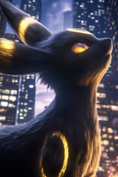 an animated cat with glowing eyes looks up at the sky in front of a cityscape