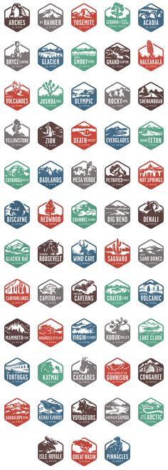 an assortment of different colored labels with the words, cities and their names on them