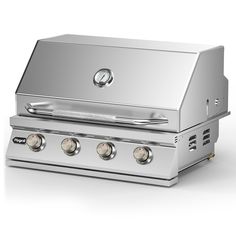 a stainless steel bbq with four burners and two side burners on it