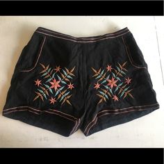 Detailed Embroidered Black Drapey Shorts! Has Pockets!!! So Comfortable And Soft! New With Tags, Never Been Worn! Casual Black Embroidered Bottoms, Casual Embroidered Cotton Shorts, Casual Cotton Embroidered Shorts, Black Embroidered Cotton Bottoms, Black Embroidered Cotton Shorts, Black Bottoms With Floral Embroidery For Summer, Black Floral Embroidered Bottoms For Summer, Black Shorts For Spring Festival, Black Bohemian Shorts For Vacation