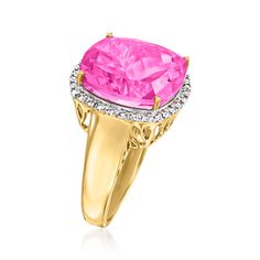 Ross-Simons - 18.00ct Pink Topaz, .16ct t. w. Diamond Ring Princess Cut in 14kt Yellow Gold. Size 7. Show your sophisticated side by donning our elegant ring. A fiery 18.00 carat square cushion-cut pink topaz centers the design, framed by .16 ct. t. w. round brilliant-cut diamonds. Glowing in 14kt yellow gold. 5/8" wide. Diamond and pink topaz ring. Elegant Pink Topaz Ring For Formal Occasions, Formal Topaz Ring With Diamond Accents, Dazzling Topaz Ring With Center Stone For Formal Events, Dazzling Topaz Ring With Center Stone For Formal Occasions, Dazzling Topaz Ring For Formal Occasions, Cushion Cut Topaz Ring With Center Stone, Topaz And Diamond Ring, Pink Topaz Ring, Ring Princess Cut