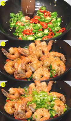 three pans filled with shrimp and vegetables on top of each other in different positions