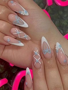 Ballet Nails, Pretty Gel Nails, Almond Nails Designs, Almond Nail, Blue Nail, Prom Nails, Artificial Nails