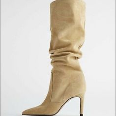 Brand New Zara Soft Split Suede High Heeled Boots In The Color Sand So Chic Nwt Chic Beige Knee-high Heeled Boots, Beige Knee-high Heeled Boots For Formal Occasions, Beige Knee-high Heeled Boots For Formal Events, Elegant Cream Boots For Fall, Spring Evening Suede Heeled Boots, Fitted Beige Suede Boots, Elegant Beige Heeled Boots With Almond Toe, Elegant Beige Almond Toe Heeled Boots, Elegant Brown Heeled Boots By Zara