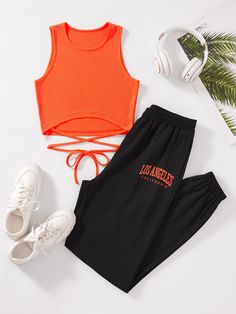 Multicolor Casual Collar Sleeveless  Colorblock,Letter  Embellished Slight Stretch  Women Clothing Skor Sneakers Nike, Tie Back Tank Top, Mode Indie, Tas Mini, Skor Sneakers, Mode Hipster, Cute Lazy Outfits