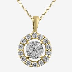 Features: Certified Diamonds, Quick ShipDiamond Clarity: I1Jewelry Closure: Spring Ring ClaspSetting: Multi-SettingShape: RoundStone Cut: RoundDiamond Color: IMetal Color: YellowChain Length: 18 InchChain Width: .57 MillimetersChain Gauge: 040Pendant Length: 19.9mmPendant Width: 13.3mmRounded Carat Weight: 1 Ct. T.w.Chain Construction: BoxCare: Wipe CleanStone Type: 21 Natural DiamondAuthenticity: Natural DiamondBirthstone: April BirthstoneMetal: 14k Two Tone GoldNecklace Type: Pendant Necklaces Yellow Gold Round Necklace With Halo Design, Yellow Gold Pendant Necklace With Halo Setting, Yellow Gold Pendant Necklaces With Halo Setting, Yellow Gold Necklace With Halo Setting Round Pendant, Classic Yellow Gold Necklace With Halo Design, Yellow Gold Necklace With Round Halo Pendant, Classic Gold Necklace With Halo Design, Gold Round Halo Necklace, Gold Round Halo Design Necklace