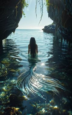 a woman is swimming in the water near some rocks and trees with sunlight shining on her face