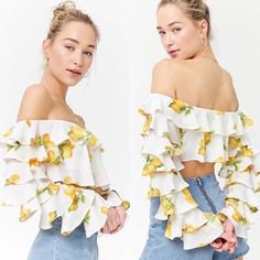 Forever 21 Nwt Lemon Ruffle Off Shoulder Crop Top Size Medium. White With Lemons, Screams Vacation!! Would Be So Cute With High Waisted Mini Or Maxi Skirt Or Jeans. Tiered Ruffle Long Sleeves. Cropped With Shelf Bra Inside Off Shoulder With Sticky Inside To Help It Stay Up On Shoulders. Flat Lay Approximate Measurementspit To Pit 15” Length 8.75” Sleeve Length 22” Off Shoulder Crop Top, Ruffle Long Sleeve, Forever21 Tops, Shoulder Crop Top, Long Sleeve Crop, Shelf Bra, Forever 21 Tops, Long Sleeve Crop Top, Flat Lay