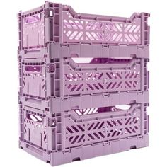 three purple plastic crates stacked on top of each other