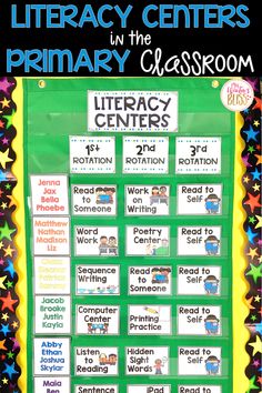 a poster with words and pictures on it that says library centers in the primary classroom