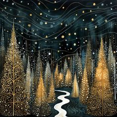 a painting of trees and a stream in the woods at night with snow falling from the sky