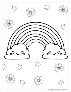 a black and white drawing of a rainbow with stars, flowers and clouds in the background