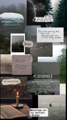 a collage of photos with words and pictures on them, including a candle in the middle