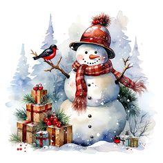 a watercolor painting of a snowman with presents