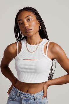 Step Up Ribbed Halter Cutout Crop Top in Off White - $47 | Tobi US Cool Girl Aesthetic, Off White Shop, Cutout Crop Top, Style Bundle, Hanging With Friends, With Mom, Brunette Girl, Halter Crop Top, Laid Back Style