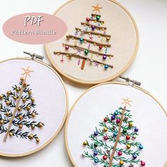 three hand embroidered christmas tree hoop art kits with text overlay that reads pff pattern bundle