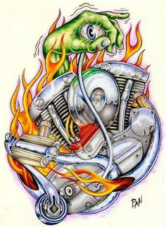 a drawing of a motorcycle with flames coming out of it's engine and an eye