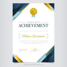 an achievement certificate template with geometric shapes and a gold medal on it's side