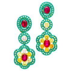 This vibrant and unique pair of earrings by Austy Lee is made of Mozambican Rubies and Fancy Color Diamonds, set on green color-plated 18K Yellow Gold. The pair is perfect for daily wear, in either casual or formal occasion. Product Details: Diamond - 132 pcs - 0.66ct Fancy Color Diamond - 14 pcs - 1.25cts Ruby - 4 pcs - 1.89cts 18K Yellow Gold Dimension of Earrings: L34.5 x W14 x D5 mm (measurement on the largest part) Including 18K Ear Nuts with hood for maximum support Stamped Hallmarks: AU69 750 100% guaranteed Natural gemstones. Certification(s) (GIA, GRS, IGI) can be requested by customers with an additional charge. Please kindly contact us for the quotation. The is a one-of-a-kind piece, delivering directly from aUSTY LEE and is not a second-hand piece. Austy Lee, Jewellery Designing, Fancy Yellow Diamond, Chic Leather, Fancy Color Diamonds, Dream Jewelry, Yellow Diamond, Formal Occasion, Green Color