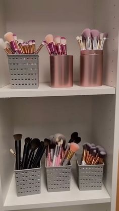 the shelves are filled with makeup brushes and other beauty products in baskets on top of them