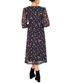 From office days to date nights, this classic unique polka print midi dress is designed with a deep v-neckline, balloon sleeves with button closures, and a back zip closure for a comfy and chic look. Chic Balloon Sleeve Dresses For Workwear, Casual Midi Length Puff Sleeve Dress For Work, Fall Midi Dress With Gathered Sleeves, Fall Knee-length Midi Dress With Gathered Sleeves, Spring Workwear Midi Dress With Balloon Sleeves, Fall Midi Dress With Pleated Sleeves, Summer Office Midi Dress With Puff Sleeves, Puff Sleeve Midi Dress For Office, Chic Polka Dot Knee-length Midi Dress