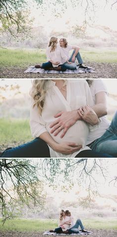 a pregnant woman sitting on the ground with her husband