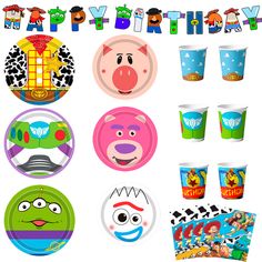 various party supplies including paper plates, cups and napkins with cartoon characters on them