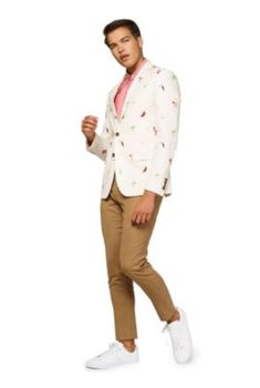 This off-white OppoSuits Deluxe blazer is designed to make you feel comfortable from the beach to the bar, from the office to a wedding and all places in between. Made of a lightweight cotton-linen mix, finished with all-over tropical embroideries, this blazer lends a breezy and subtle humorous touch to your formal look. | OppoSuits Men's Tropical Summer Icons Off White Blazer, 40 Regular Beige Summer Blazer For Semi-formal Occasions, Beige Blazer For Semi-formal Summer Events, White Suits For Spring, Summer Cotton Suits With Long Sleeves, Casual Beige Suits For Spring, Casual White Tailored Suit, White Long Sleeve Summer Suits, Casual Tailored White Suits, Casual White Suits