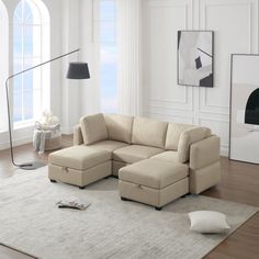 a living room with a large sectional couch