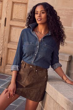 Finished in soft dark-wash denim, this Cloth & Stone button-down features a relaxed silhouette with patch chest pockets and a curved high-low hem. Wear it tucked into a skirt, or style it with jeans for a denim-on-denim look. | CLOTH AND STONE Women's Denim Shirt, Size XL, Blue Denim On Denim Looks, Clothes Stand, Womens Denim Shirt, Suede Mini Skirt, Sweater Tank, Create Outfits, Blank Nyc, Dark Wash Denim, Fall Wardrobe