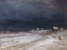 a painting of snow covered ground with houses in the distance and dark clouds above it