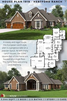 two story ranch house plan with 3 car garage and 2 living quarters, in the middle of