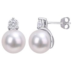 Add a lustrous touch to your favorite ensembles with these elegant cultured pearl and lab-created moissanite stud earrings. Add a lustrous touch to your favorite ensembles with these elegant cultured pearl and lab-created moissanite stud earrings. Metal: 14k white gold Backings: post Plating: rhodium Packaging: boxed Finish: polished Length: 10.5 mmSTONE DETAILS Stone type: lab-created moissanite Total weight: 4/5 ct. Shape: round Setting: prongCULTURED PEARL DETAILS Type: freshwater Size: 9.5 m Formal Diamond Pearl Earrings With Brilliant Cut, Formal Brilliant Cut Diamond Pearl Earrings, Pear Shaped Brilliant Cut Bridal Earrings For Formal Occasions, Formal Bridal Earrings With Brilliant Pear Cut, Pear-shaped Bridal Earrings With Brilliant Cut For Formal Occasions, Formal Pear Shaped Diamond Pearl Earrings, Formal Pear-shaped Bridal Earrings With Brilliant Cut, Formal Pear-shaped Diamond Pearl Earrings, Formal Akoya Pearl Diamond Earrings With Diamond Accents