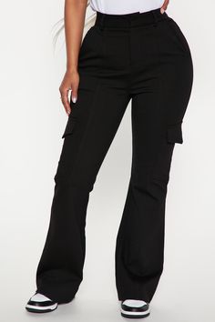 Available In Black. Flare Pants High Waist Cargo Pockets Zip Button Closure Belt Loops Stretch 71% Viscose 26% Polyester 3% Elastane Imported | Be About It Flare Cargo Pant in Black size Large by Fashion Nova Mid-rise Black Cargo Pants For Workwear, Fitted High Waist Cargo Pants With Button Closure, High Waist Cargo Jeans For Work, Fitted Utility Pants With Button Closure, Chic High Rise Cargo Pants For Work, Chic High-rise Cargo Pants For Work, Chic High Rise Cargo Style Bottoms, Chic Mid-rise Cargo Bottoms, Chic Mid-rise Cargo Style Bottoms