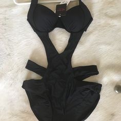 Black Monokini, Nwt. Never Worn, Hygienic Liner In Tact. Medium. Stretch Beachwear Tankini For Party, Party Swimwear With Built-in Bra, Party Beachwear Swimwear With Built-in Bra, Black Swimwear With Built-in Bra For Beachwear, Black Swimwear With Built-in Bra, Beachwear Swimwear With Built-in Bra For Party, Black Tankini With Built-in Bra For Beach Party, Black Cutout Swimwear For Summer, Black One-piece Swimwear For Pool