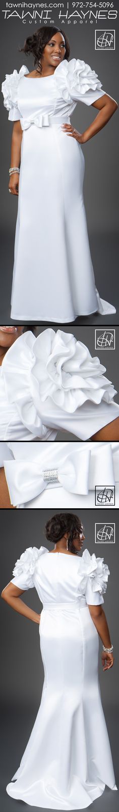 Tawni Haynes Rosette Shoulder Gown Caribbean Fashion, Church Attire, Dress Modest, Gala Dresses, Beautiful Curves, Plus Size Wedding, Custom Apparel, Formal Style, Free Ebook