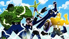 the avengers and green lantern characters are running in front of blue sky with white clouds