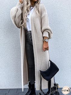 Casual Loose Plain Sweater Cardigan Coat Tricotin Long, Puff Sleeve Cardigan, Plain Sweaters, Boho Mode, Winter Wardrobe Essentials, Elegant Jacket, Long Knit Cardigan, Cardigan Casual, Open Front Sweater