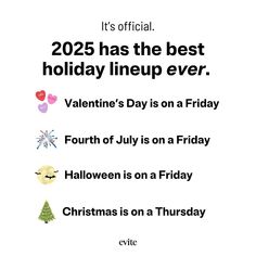 a white christmas card with the words, it's official 205 has the best holiday lineup ever valentine's day is on a friday fourth