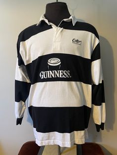 Vintage Guinness Rugby shirt  - Collared  - Quarter button up  - Striped  - Embroidered graphic  - Guinness spell out  - Pint design  - Rare  - 90s vintage  Size: XL Great vintage condition  No rips or holes  No stains Retro Long Sleeve T-shirt With Logo Print, 90s Long Sleeve Tops With Logo Print, Retro Long Sleeve Shirt For Streetwear, 90s Style Long Sleeve Top With Logo Print, Vintage Long Sleeve T-shirt For College, 90s Long Sleeve T-shirt With Logo Print, 90s Collared Tops For Streetwear, 90s Long Sleeve T-shirt For College, 90s Style Long Sleeve T-shirt For College