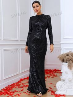 Long Sleeve Mermaid Dress With Sweep Train For Wedding, Long Sleeve Mermaid Dress With Sweep Train For Evening, Elegant Long Sleeve Mermaid Wedding Dress, Elegant Long Sleeve Mermaid Dress For Wedding, Formal Long Sleeve Mermaid Dress With Sweep Train, Long Sleeve Mermaid Dress With Sweep Train For Banquet, Stretch Full-length Maxi Dress For Wedding, Black Stretch Gown For Wedding, Stretch Black Gown For Wedding