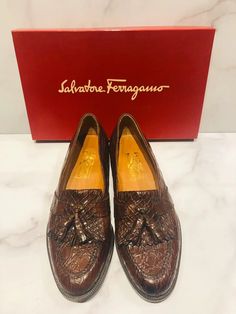 Salvatore Ferragamo “Novara” Brown Crocodile Men’s Tassel Loafers Shoes | eBay Brown Leather Dress, Crocodile Shoes, Salvatore Ferragamo Men, Ferragamo Men, Leather Loafer Shoes, Dress Loafers, Loafers Shoes, Tassel Loafers, Ermenegildo Zegna