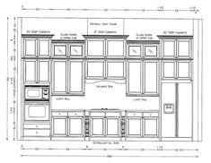 a drawing of a kitchen with cabinets and cupboards