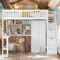 a loft bed with desk underneath it in a room that has wooden walls and ceilings