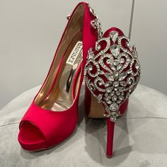 Badgley Red Satin Shoes We Beautiful Rhinestones In The Back! Wore Them Once!! So Sign Of Stains On The Satin Satin Shoes, Badgley Mischka Shoes, Shoes Color, Red Satin, Badgley Mischka, Size 7, Satin, Women Shoes, Red