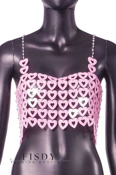 Fisdy - Top Romántico de Cuello Haltern con Detalle de Transparencia en la Espalda Pink Heart Outfit, Valentines Cowgirl, Vtuber Reference, Bedazzled Top, Pink Cami Top, Heart Clothes, Female Clothes, Sleeveless Outfit, Kawaii Accessories