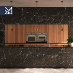 a modern kitchen with marble counter tops and wooden cabinetry is pictured in this image