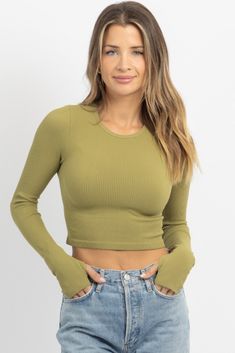 Fitted Green Tops With Thumbholes, Green Stretch Crop Top, Stretch Green Elastane Crop Top, Green Ribbed Fitted Crop Top, High Stretch Cropped Green Tops, High Stretch Green Cropped Tops, Solid Crop Top With Thumbholes, Casual Solid Crop Top With Thumbholes, Trendy Fitted Crop Top With Thumbholes